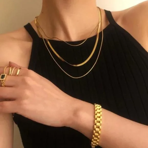 NEW 18K Gold 3 Pcs/Set Wide Flat Layered Necklace, nice Necklace, cute Necklace - Picture 3 of 4